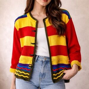 Vintage 90s Colorblock Boho Crochet‎ Cardigan Rainbow Knit Medium Dopamine Artsy